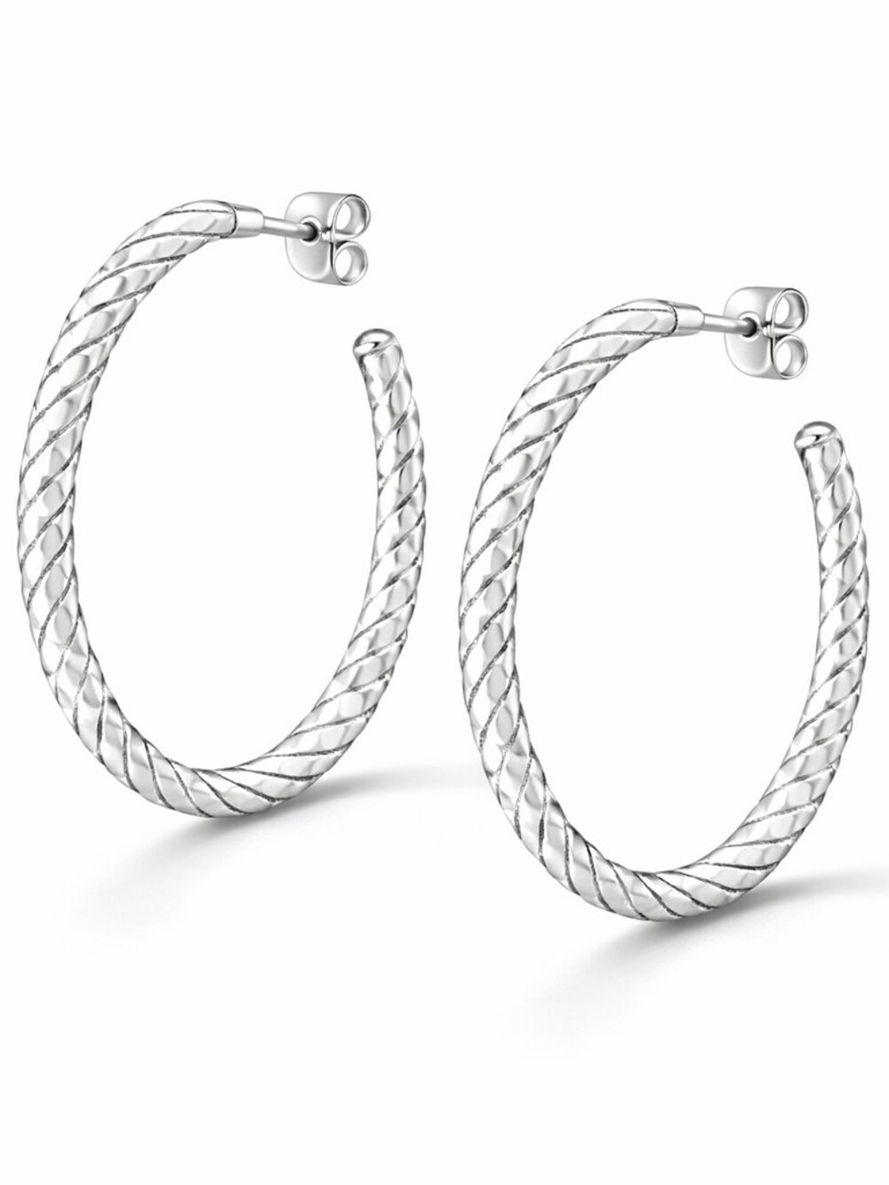 Sterling Silver Twisted Hoop Earrings 1.6” Classic Textured Hoops